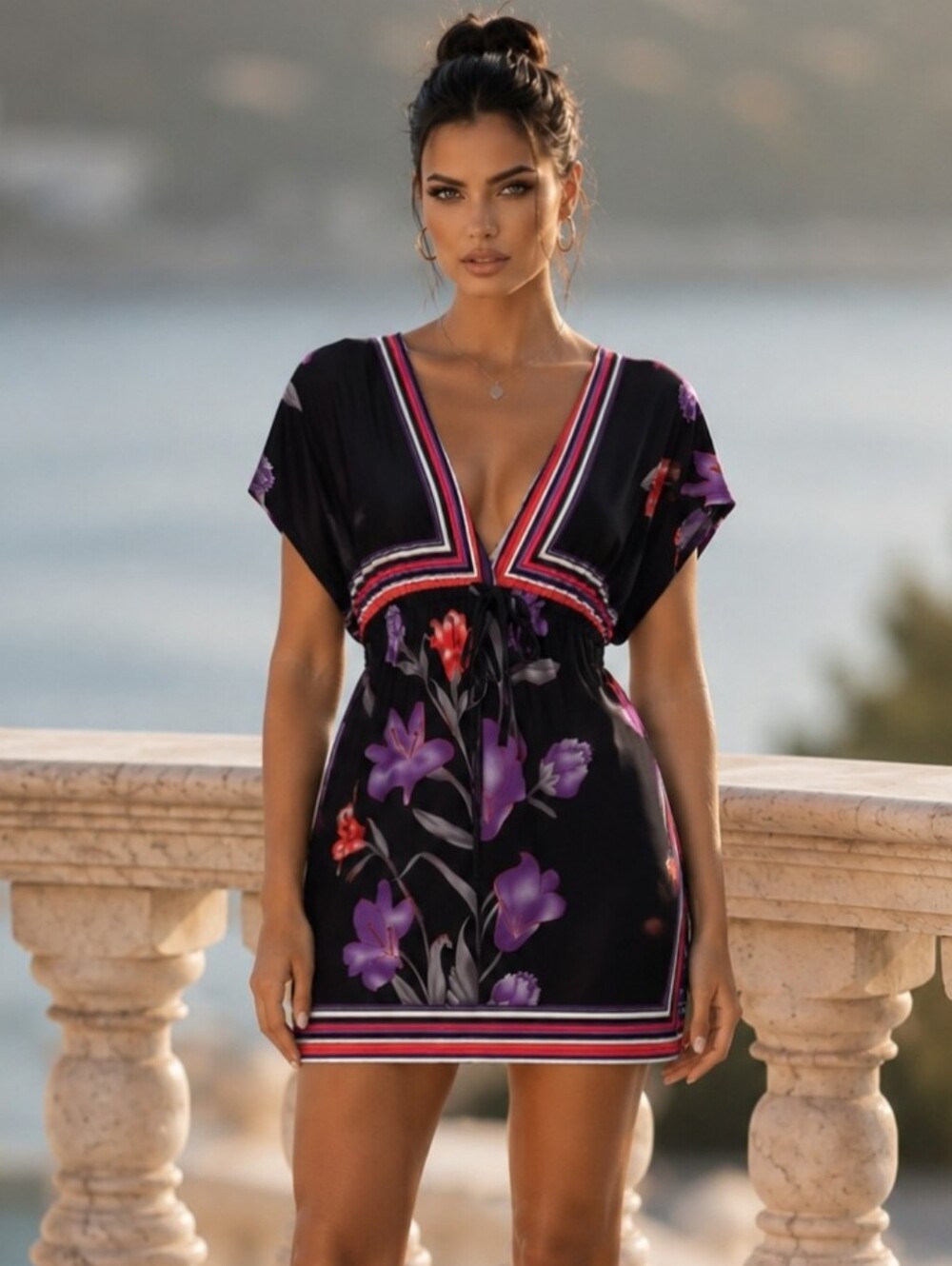 Black Floral Print Border Print Empire Waist Mini Dress